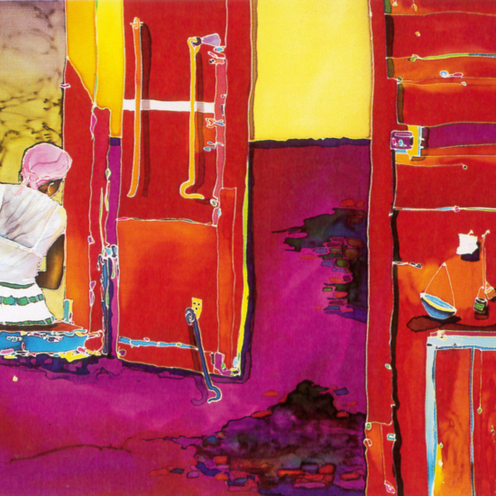 ジェニファー・マークスの絵画作品　タイトルは、Woman alone in window sill red